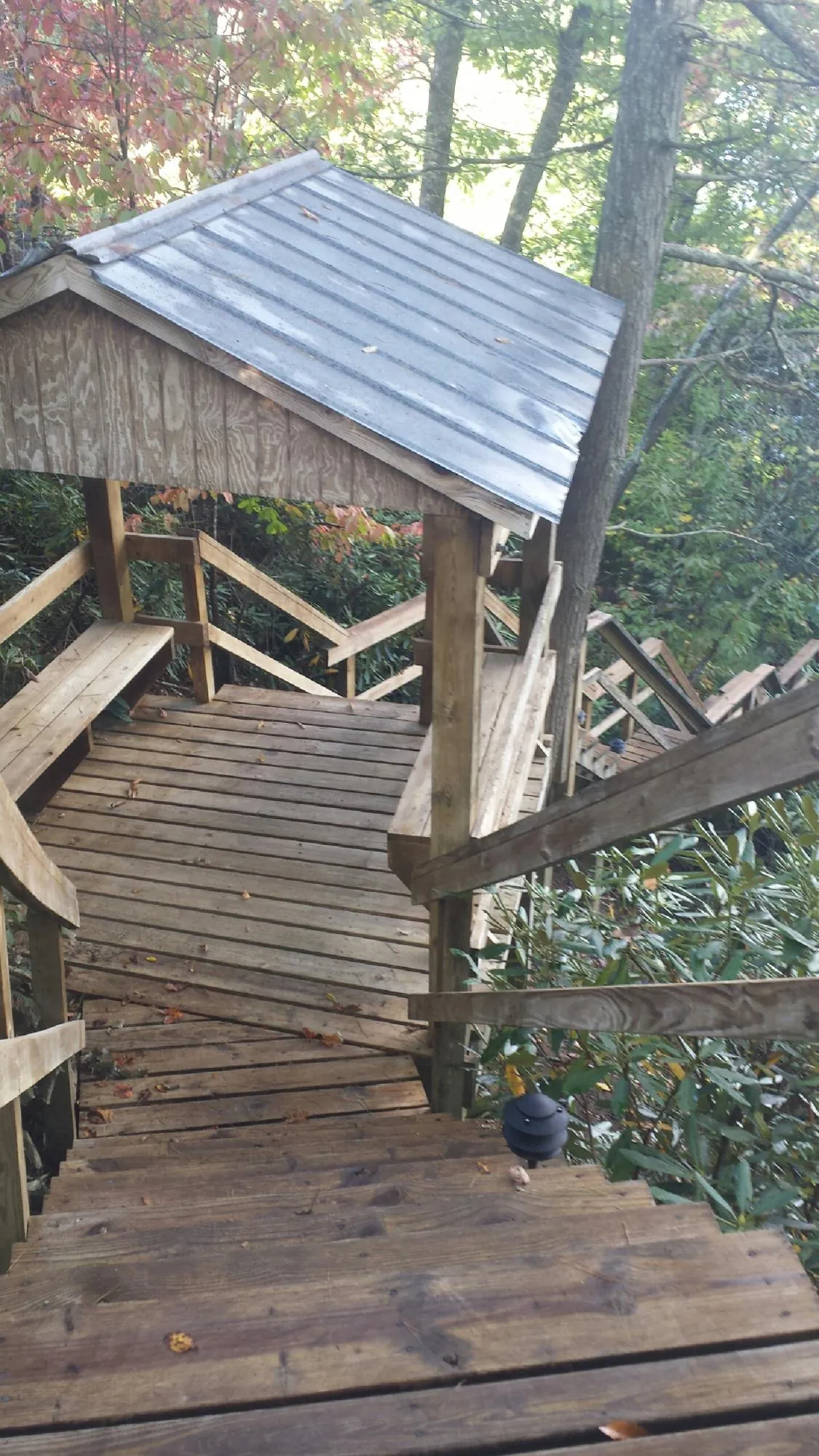 Metal roofed shelter over wooden steps on a wooded walkway — Skylight Repair & Installation work by our crew in Bonne Terre